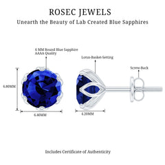 2 Carat Round Cut Lab Created Blue Sapphire Solitaire Stud Earrings