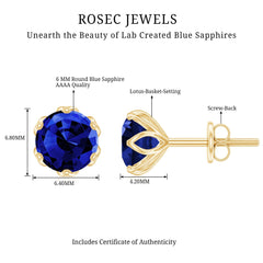 2 Carat Round Cut Lab Created Blue Sapphire Solitaire Stud Earrings