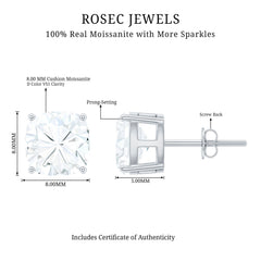 Certified 6 Carat Cushion Cut Moissanite Stud Earrings
