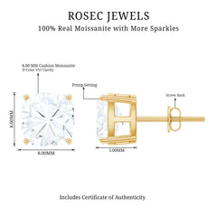 Certified 6 Carat Cushion Cut Moissanite Stud Earrings