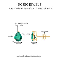 Pear Cut Lab Grown Emerald Teardrop Earrings in 3 Prong Setting