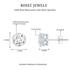 6 MM Round Shape Moissanite Stud Earrings in Crown Setting