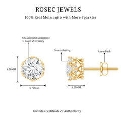 6 MM Round Shape Moissanite Stud Earrings in Crown Setting