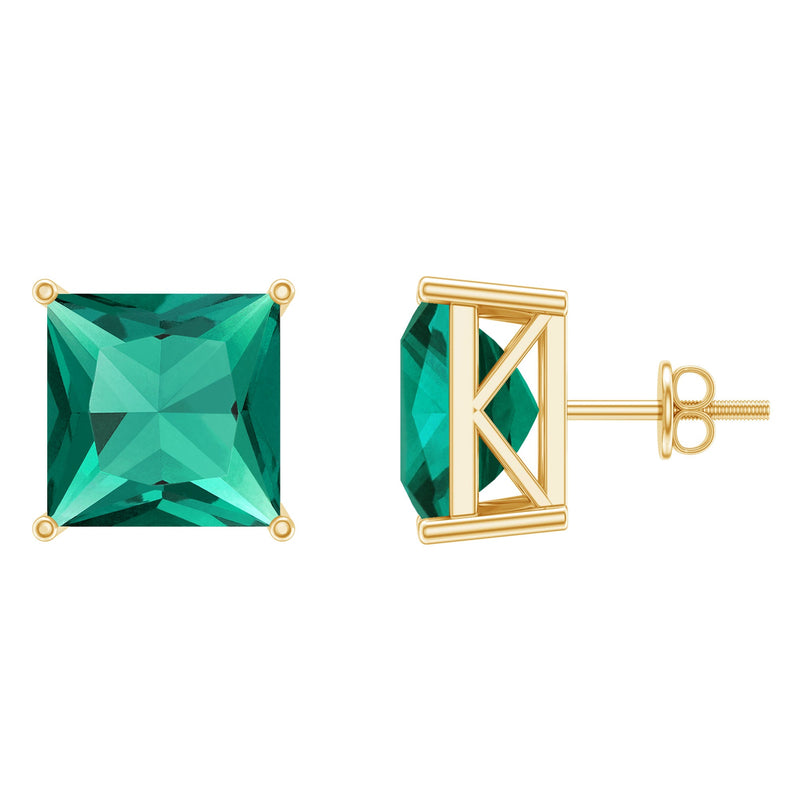 10 Carat Princess Cut Lab Grown Emerald Solitaire Stud Earrings