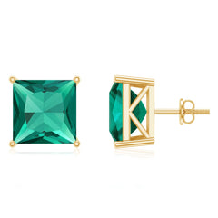 10 Carat Princess Cut Lab Grown Emerald Solitaire Stud Earrings