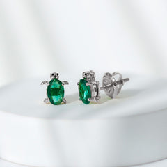 4X6 MM Lab Created Emerald Cute Turtle Stud Earrings