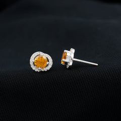 Round Citrine and Diamond Stud Earrings