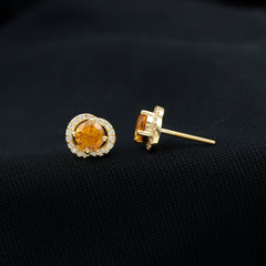 Round Citrine and Diamond Stud Earrings