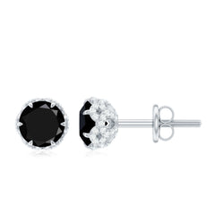 1 Carat Black Spinel Stud Earrings with Diamond Accent