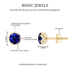 Solitaire Lab Created Blue Sapphire Stud Earrings with Diamonds