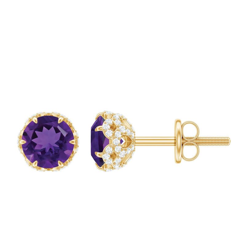 Natural Amethyst Stud Earrings with Diamond