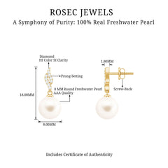 Genuine 15 Carat Freshwater Pearl and Diamond Drop Earrings with Certificate