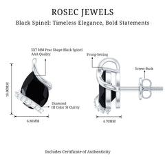 1.2 Carat Natural Black Spinel Teardrop Stud Earrings with Diamond
