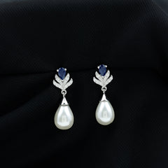 Freshwater Pearl and Blue Sapphire Teardrop Earrings with Moissanite
