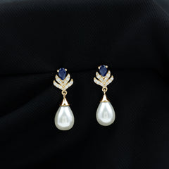 Freshwater Pearl and Blue Sapphire Teardrop Earrings with Moissanite