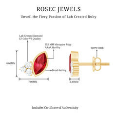 Marquise Cut Lab Grown Ruby and Diamond Stud Earrings in Silver