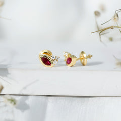 Marquise Cut Lab Grown Ruby and Diamond Stud Earrings in Silver