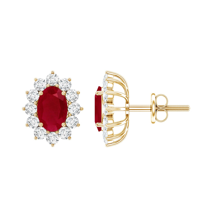 Natural 2 Carat Ruby Stud Earrings With Diamond Halo