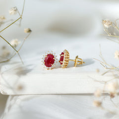 Natural 2 Carat Ruby Stud Earrings With Diamond Halo