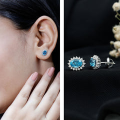 1.6 Carat Oval London Blue Topaz Stud Earrings with Diamond Halo