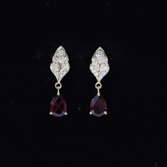 Genuine 3 Carat Garnet Teardrop Earrings with Diamond Leaf