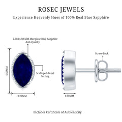Natural 0.3 Carat Marquise Cut Blue Sapphire Earrings in Silver
