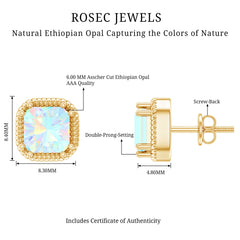 6 Carat Asscher Cut Ethiopian Opal Stud Earrings in Gold Plated Silver