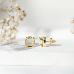 6 Carat Asscher Cut Ethiopian Opal Stud Earrings in Gold Plated Silver