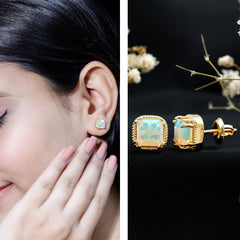 6 Carat Asscher Cut Ethiopian Opal Stud Earrings in Gold Plated Silver
