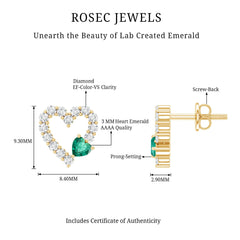 Lab Grown Emerald and Diamond Heart Stud Earrings in Yellow Gold Plated Silver