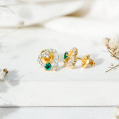 Lab Grown Emerald and Diamond Heart Stud Earrings in Yellow Gold Plated Silver