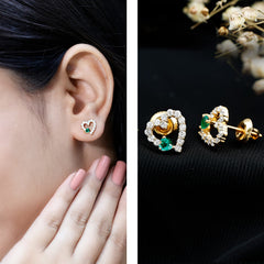Lab Grown Emerald and Diamond Heart Stud Earrings in Yellow Gold Plated Silver