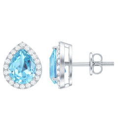 Real 0.89 Carat Aquamarine and Diamond Stud Earrings in Silver