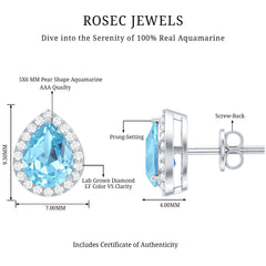 Real 0.89 Carat Aquamarine and Diamond Stud Earrings in Silver