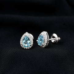 Real 0.89 Carat Aquamarine and Diamond Stud Earrings in Silver