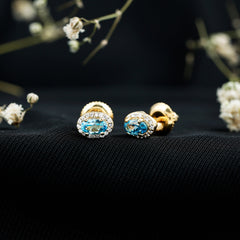 Natural Swiss Blue Topaz Stud Earrings with Diamond Halo