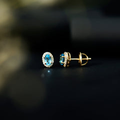 Natural Swiss Blue Topaz Stud Earrings with Diamond Halo