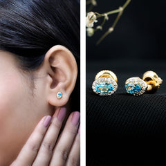 Natural Swiss Blue Topaz Stud Earrings with Diamond Halo