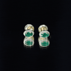 Genuine Emerald Stud Earrings with Diamond Halo
