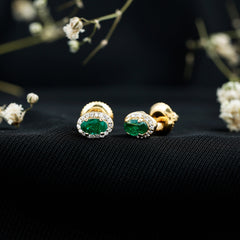 Genuine Emerald Stud Earrings with Diamond Halo