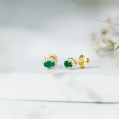 Genuine Emerald Stud Earrings with Diamond Halo
