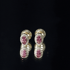 Genuine Oval Shaped Pink Tourmaline and Diamond Halo Stud Earrings