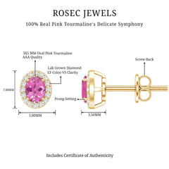 Genuine Oval Shaped Pink Tourmaline and Diamond Halo Stud Earrings