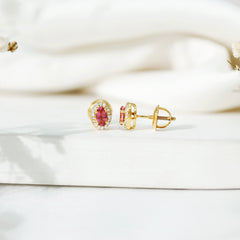 Genuine Oval Shaped Pink Tourmaline and Diamond Halo Stud Earrings