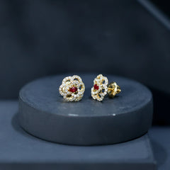 Certified Real Ruby Flower Stud Earrings with Diamonds