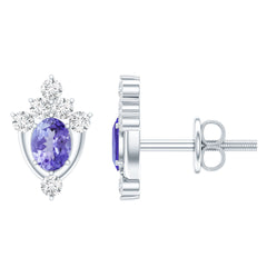 Oval Shaped Tanzanite Stud Earrings with Lab Diamond in Sterling Silver