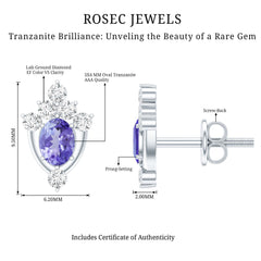 Oval Shaped Tanzanite Stud Earrings with Lab Diamond in Sterling Silver