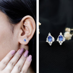 Oval Shaped Tanzanite Stud Earrings with Lab Diamond in Sterling Silver