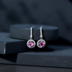 Lab Grown Pink Sapphire and Diamond Bridal Earrings in Silver