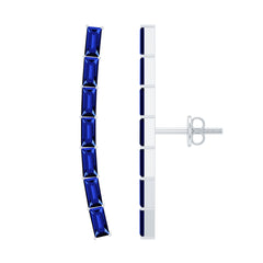 Baguette Cut Lab Grown Blue Sapphire Climber Earrings